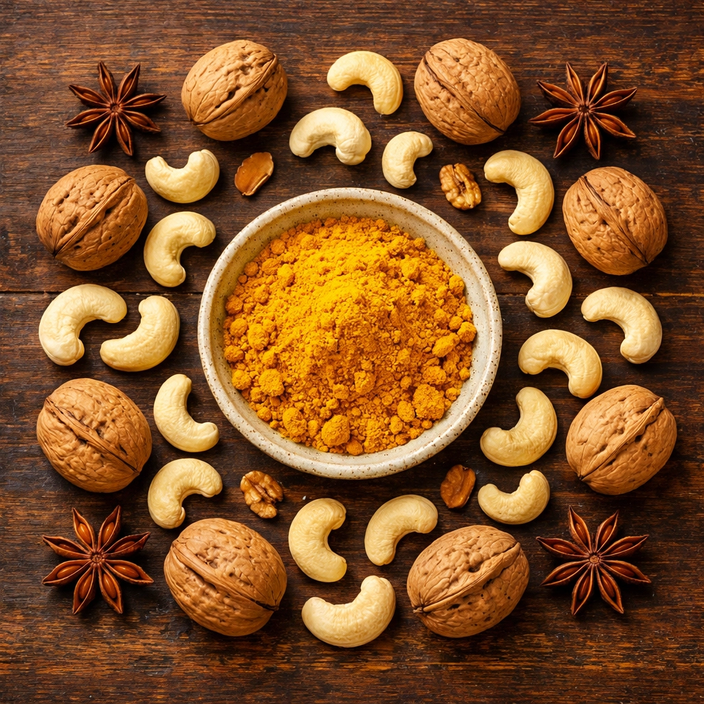 A selection of healthy nuts and pure turmeric powder for an Ayurvedic diet.