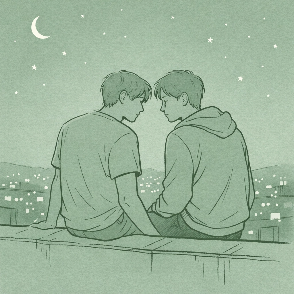 Two men sharing intimate moment on rooftop at night in MM romance illustration