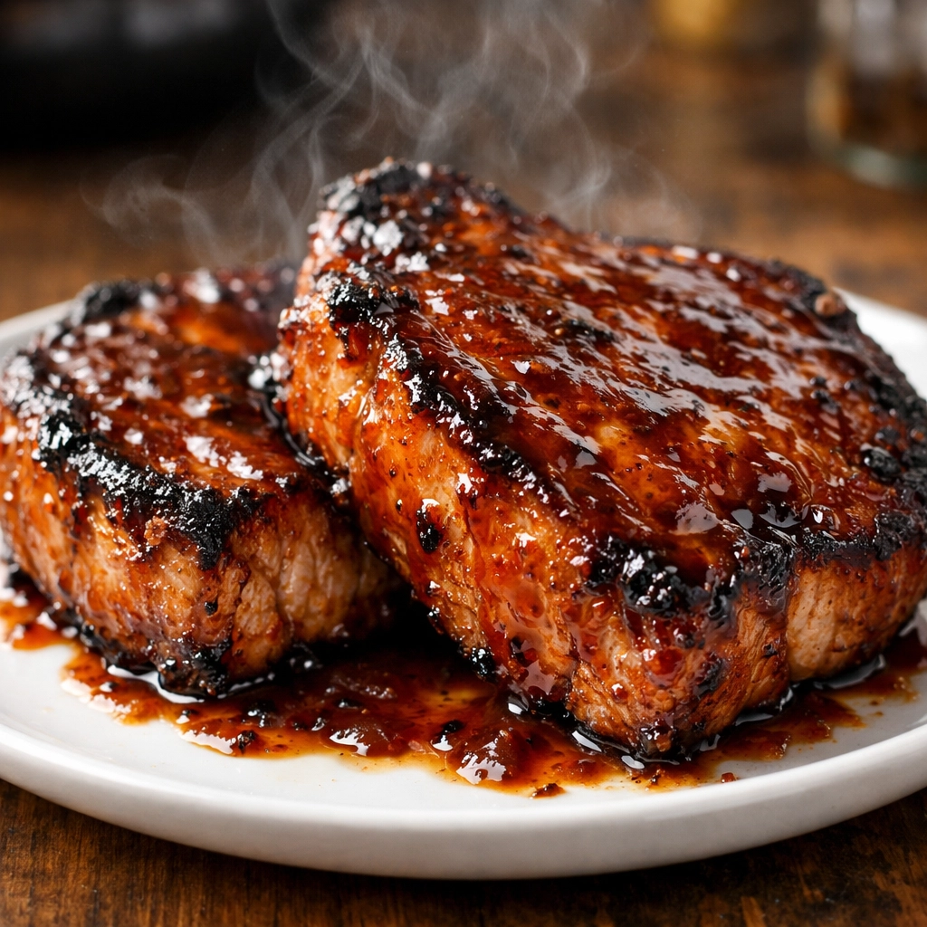 10 Air Fryer Dinners Everyone Is Making Right Now Glazed air fryer BBQ pork chops served on a white plate for a quick weeknight dinner.