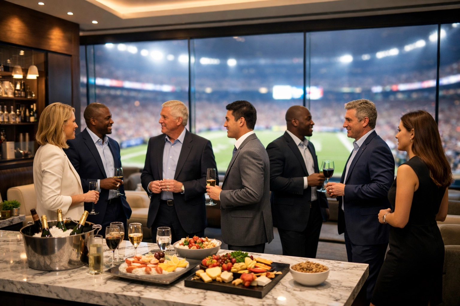 Executives networking in a luxury stadium suite, illustrating the power of VIP corporate hosting at major events.
