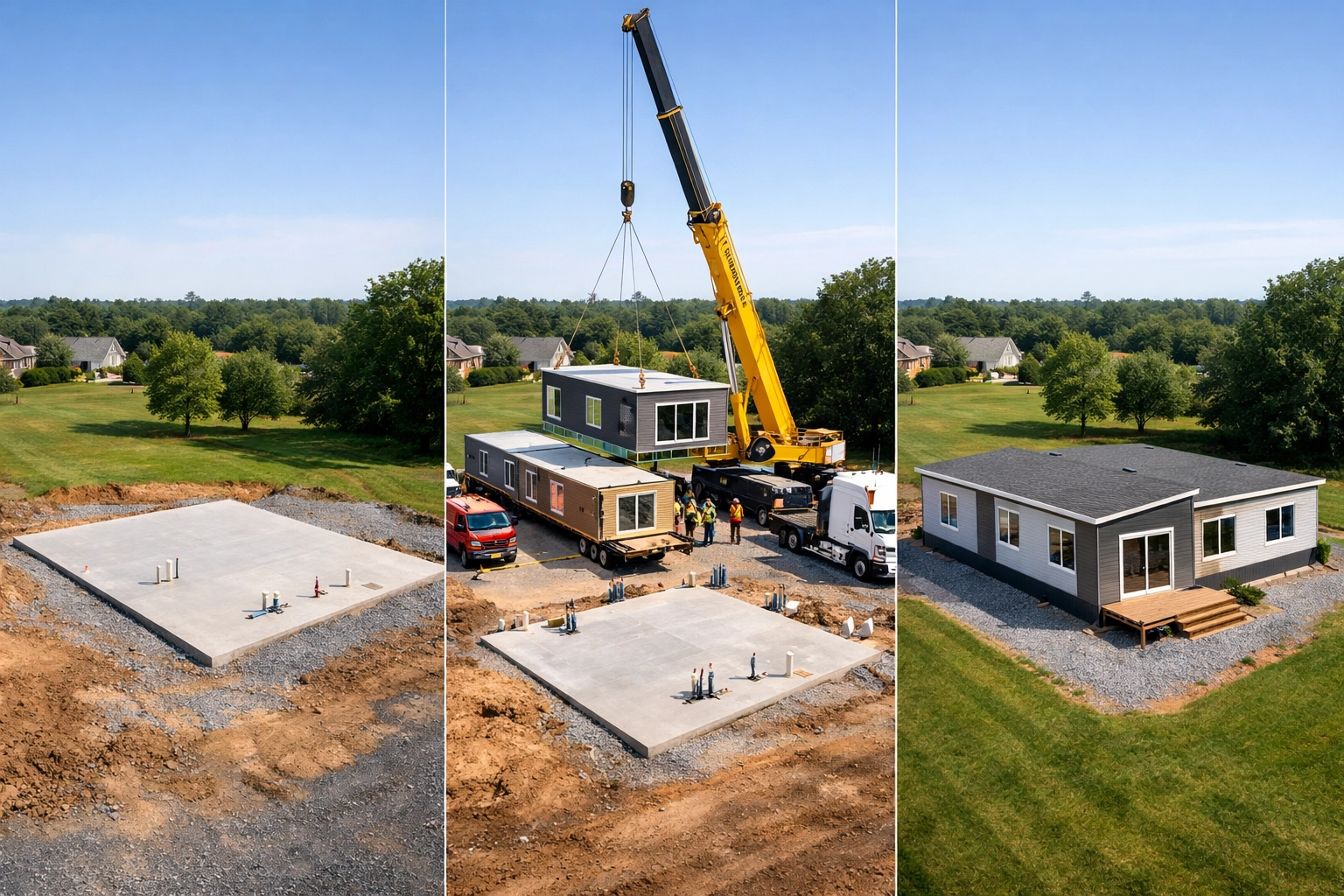 Three-stage modular home installation from slab to completed house in 48 hours