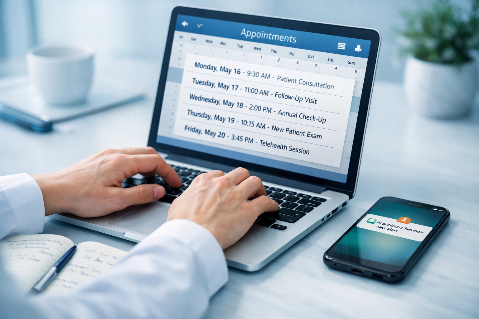 Healthcare provider organizing billing documentation and appointment schedules on laptop