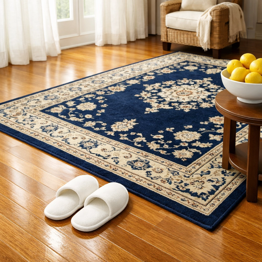 Clean living room with white slippers on a polished hardwood floor, showcasing expert house cleaning services.