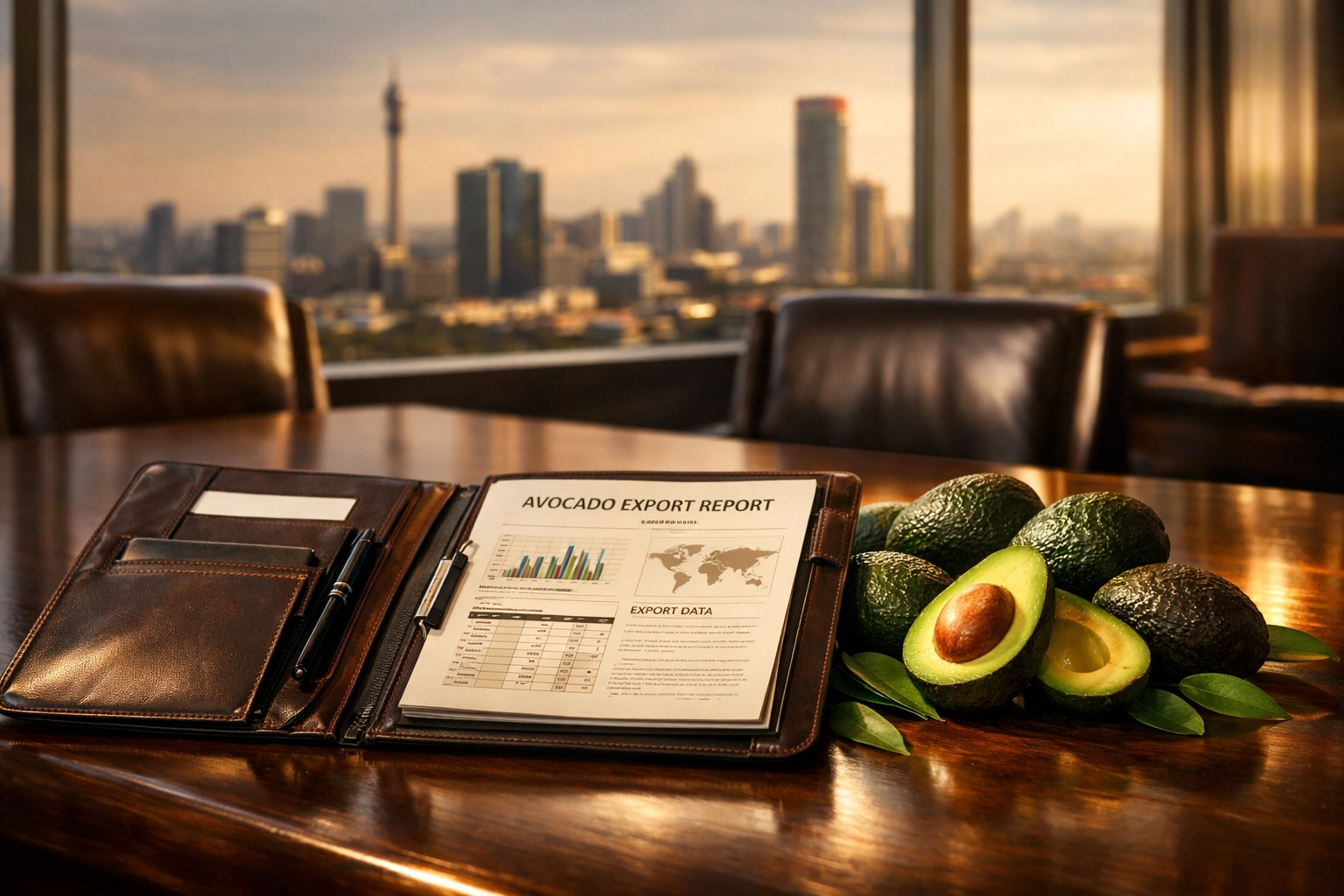 Avocado export business meeting in Sandton with Johannesburg skyline backdrop