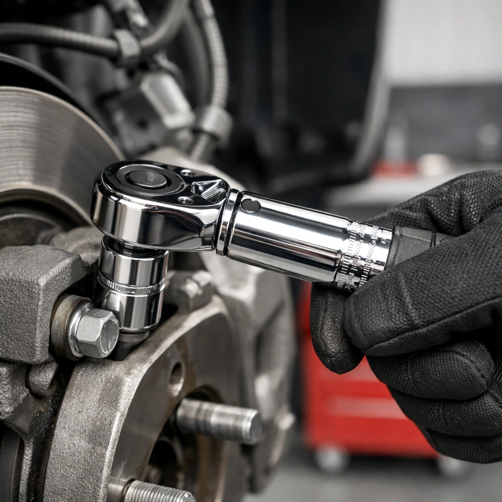 Professional technician tightening brake caliper bolts with a precision torque wrench.