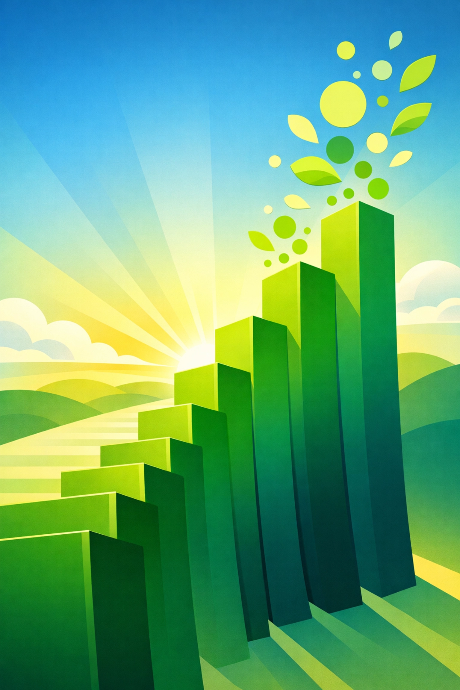 Columnas verdes ascendentes que representan crecimiento y reinversión impulsados por márgenes de utilidad bruta altos.