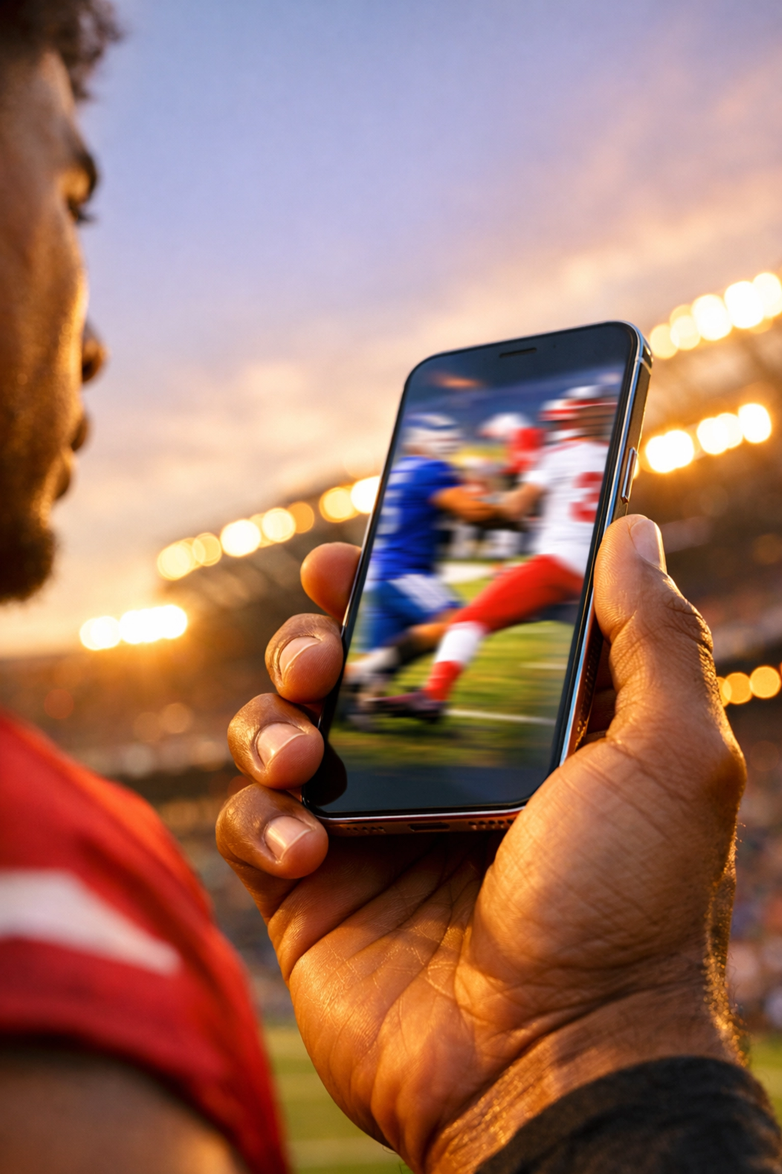 Athlete's smartphone showing high social media engagement for a Super Bowl NIL brand partnership.