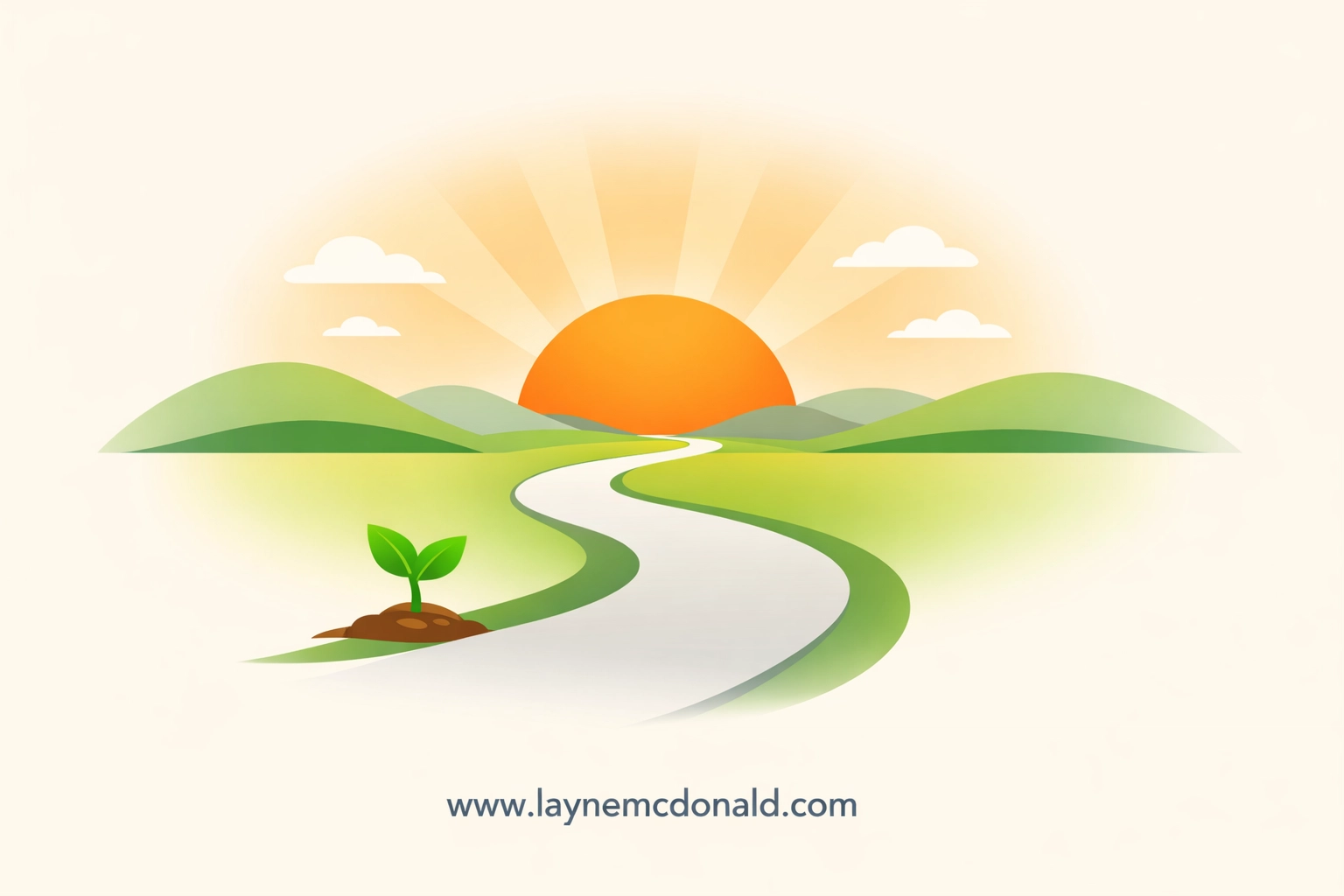 A winding path toward a sunrise with a new sprout, showing the growth of a renewed church vision and dependability.