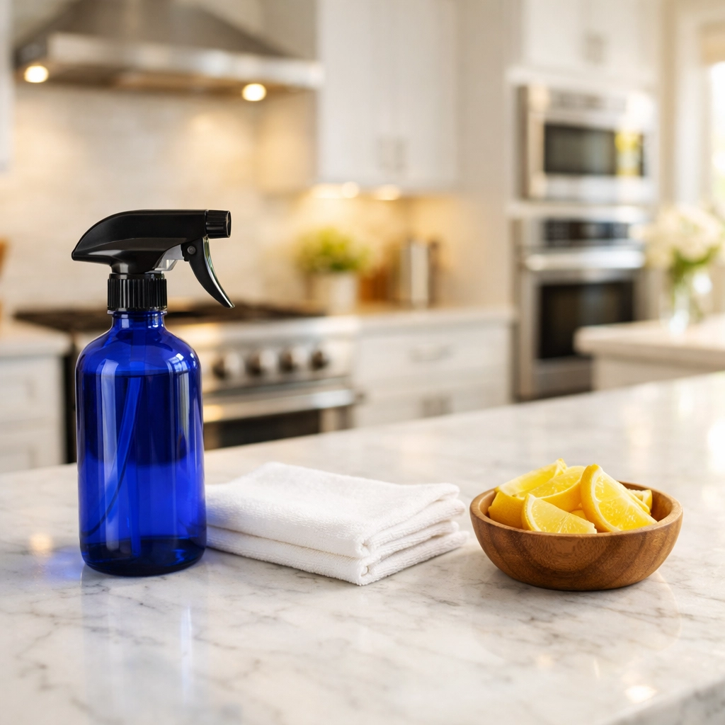 Eco-friendly cleaning supplies on a marble counter for healthy house cleaning in Ashburnham MA.
