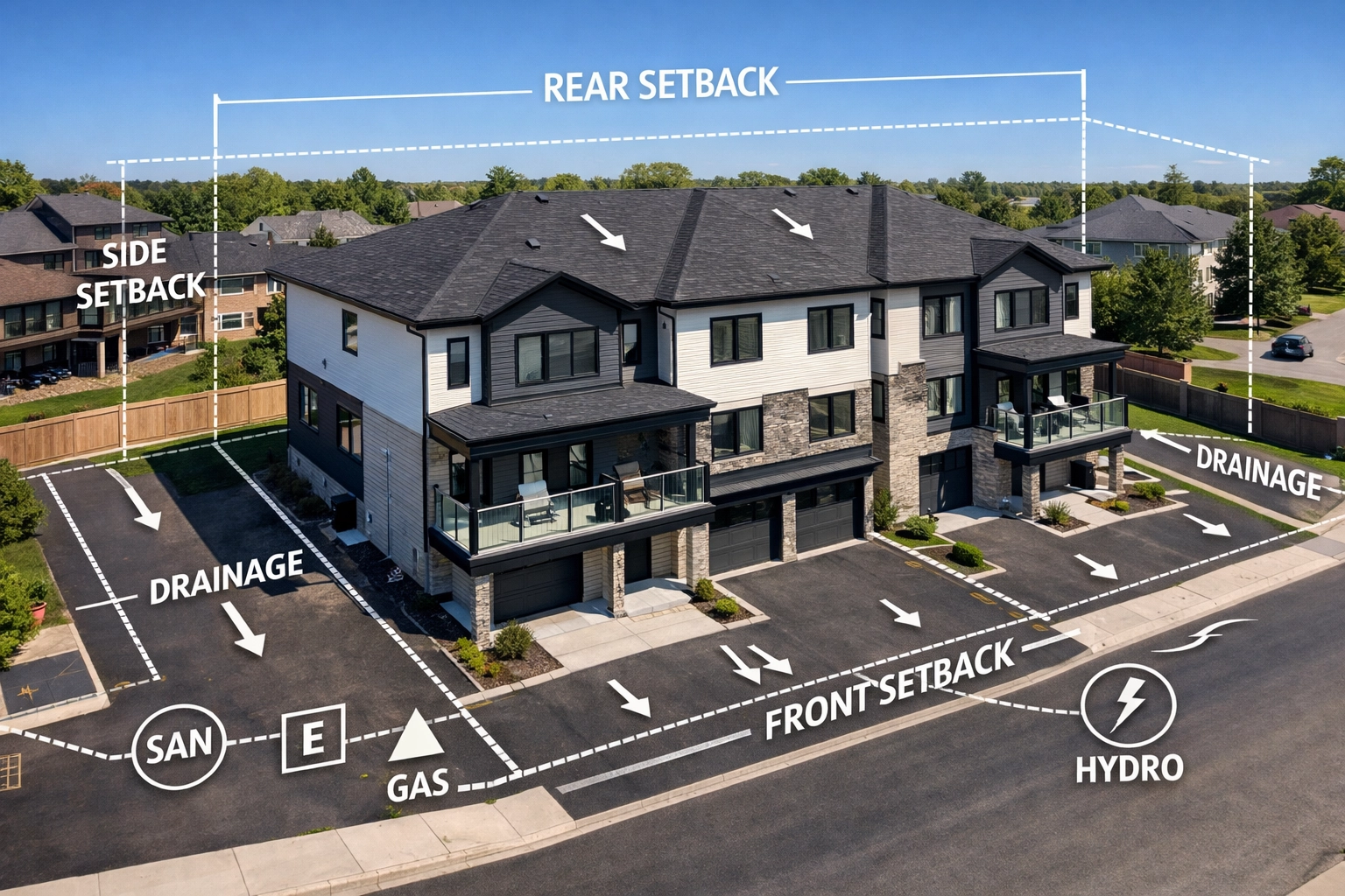 Modern Ontario 4-plex development illustrating site grading and professional site servicing plan layouts.