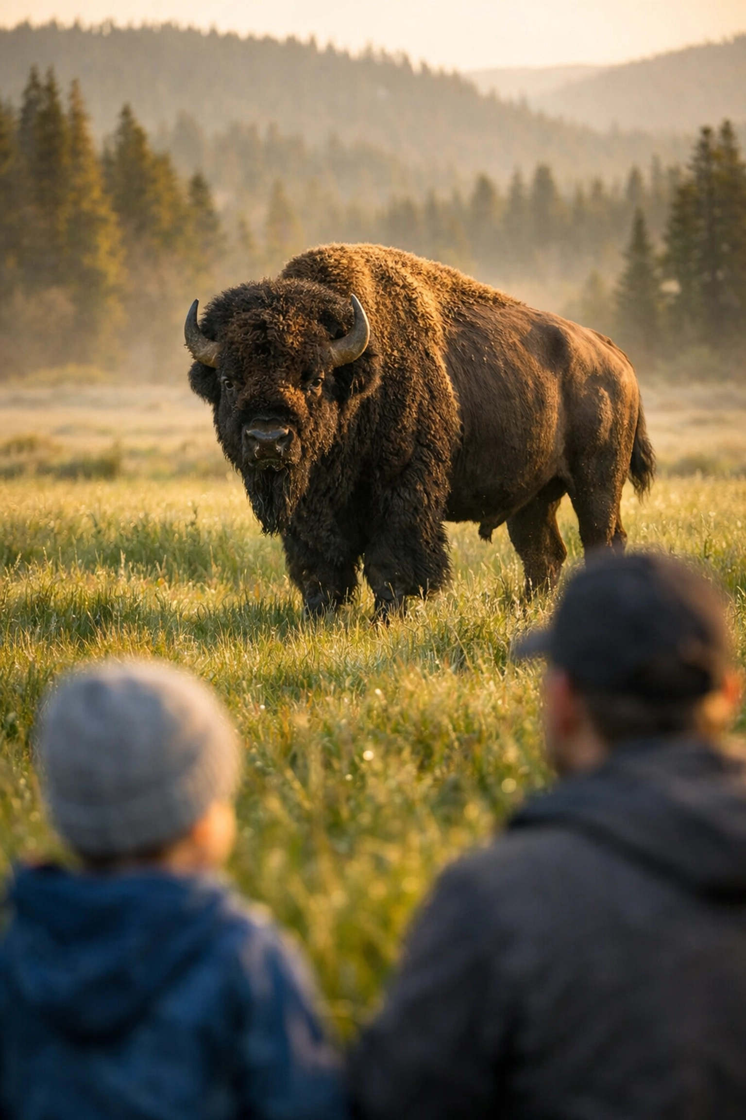 Family watching a bison in Yellowstone National Park at sunrise, a top family travel activity.