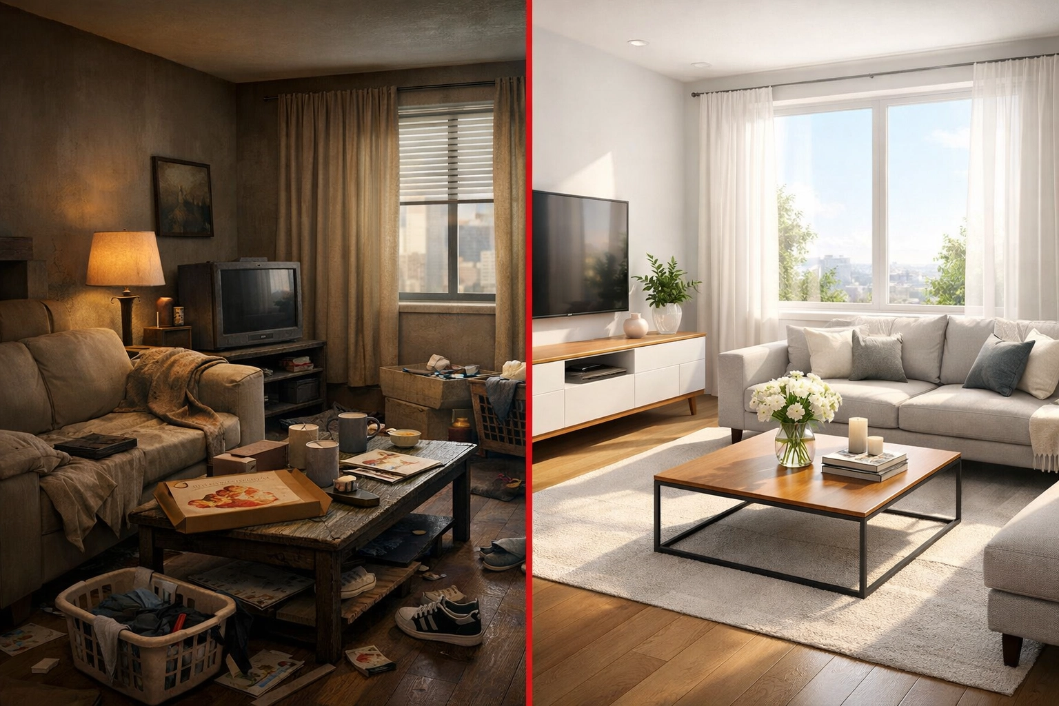 Before and after comparison of property staging for faster home sales