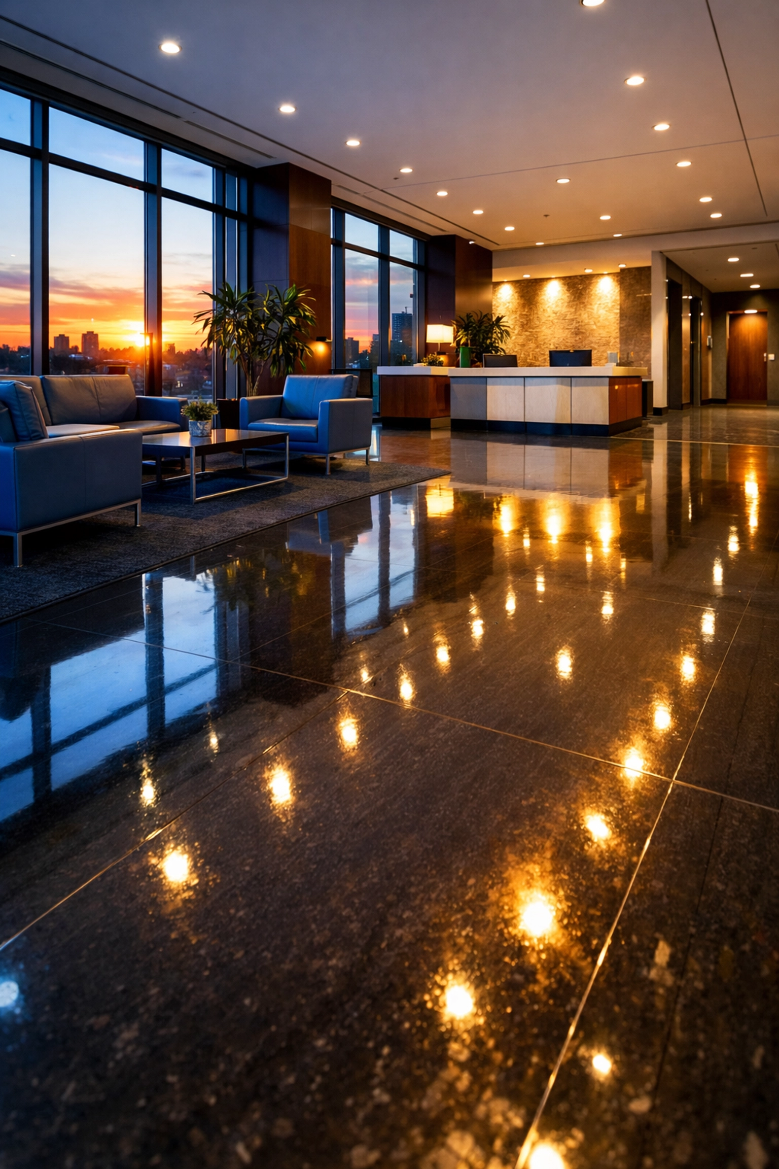 Polished corporate lobby floor in Fitchburg showing a deep, protective professional floor wax shine.