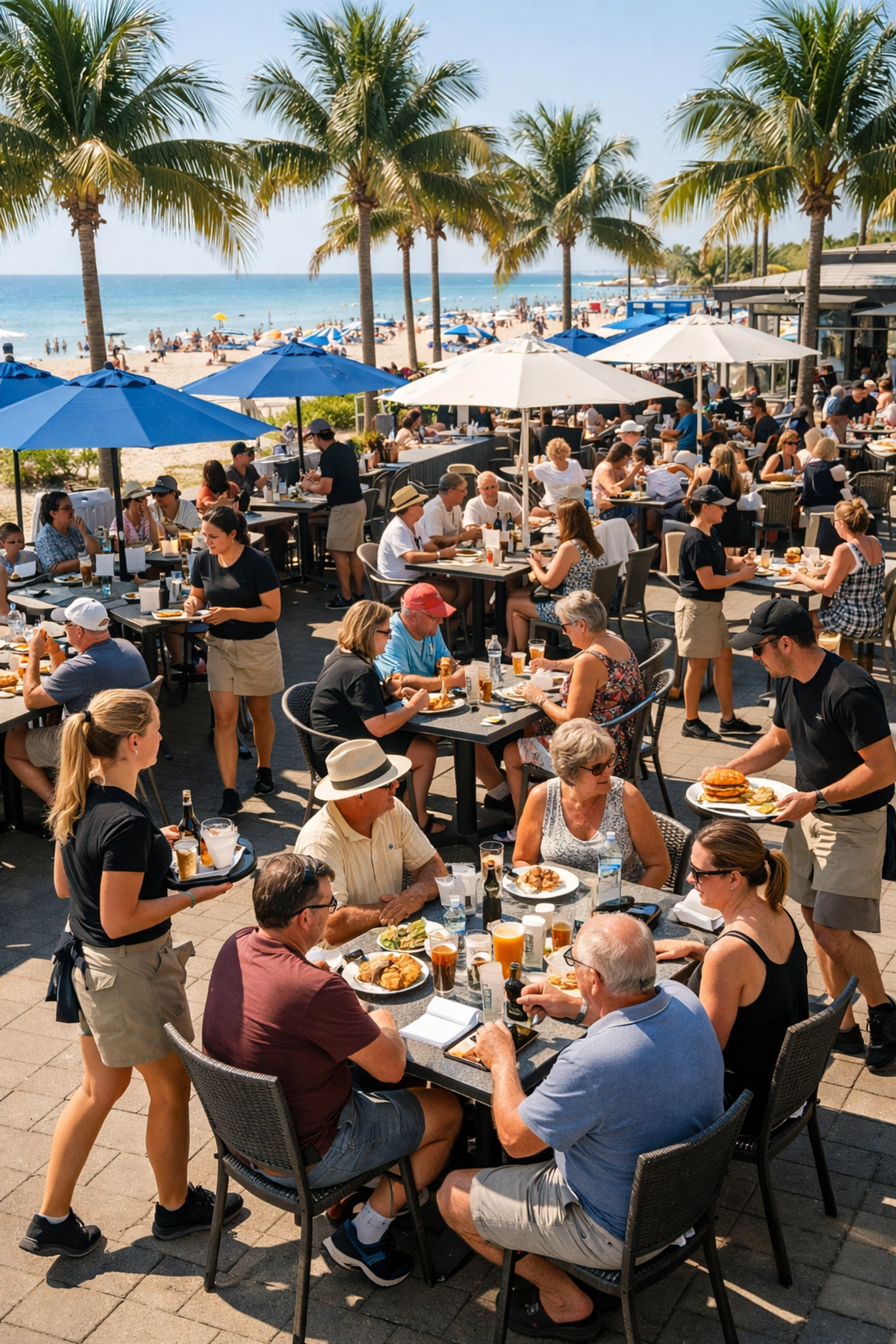 Busy Florida beachfront restaurant patio during peak season with servers attending multiple tables