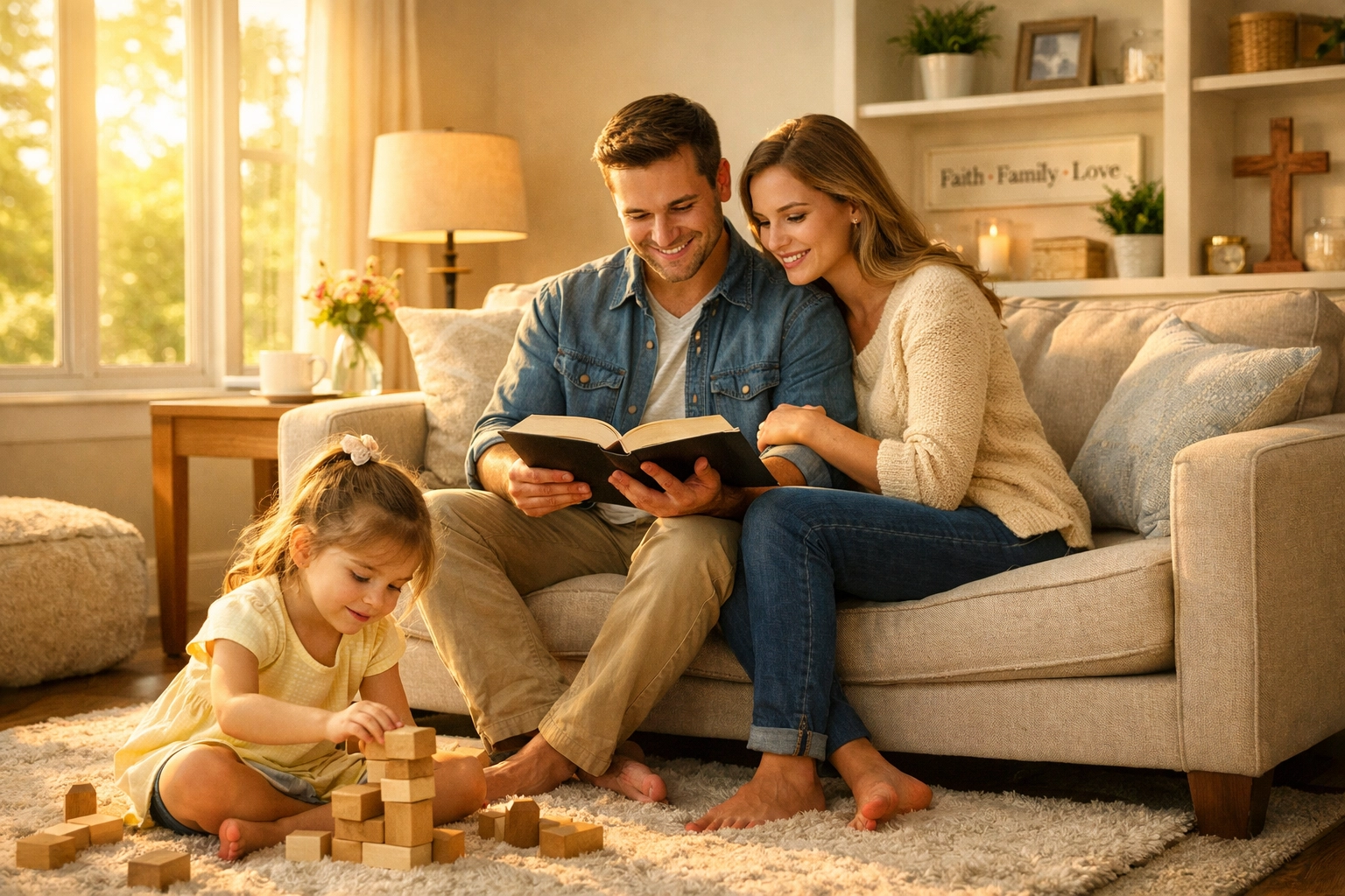 A family gathering around an open Bible to grow in faith together at home.