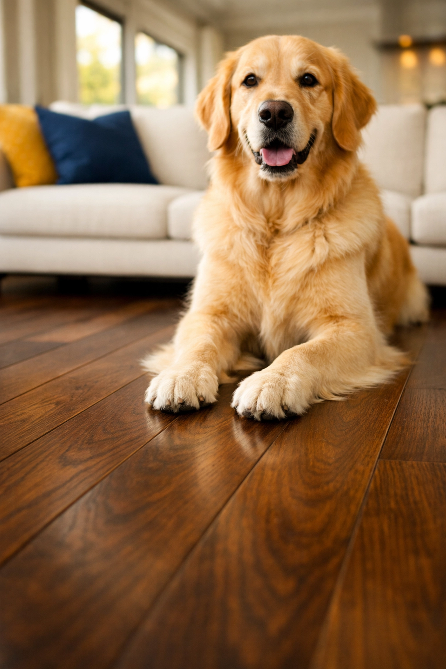 A well-groomed dog sitting on scratch-free dark walnut hardwood floors in a modern, sunlit home.