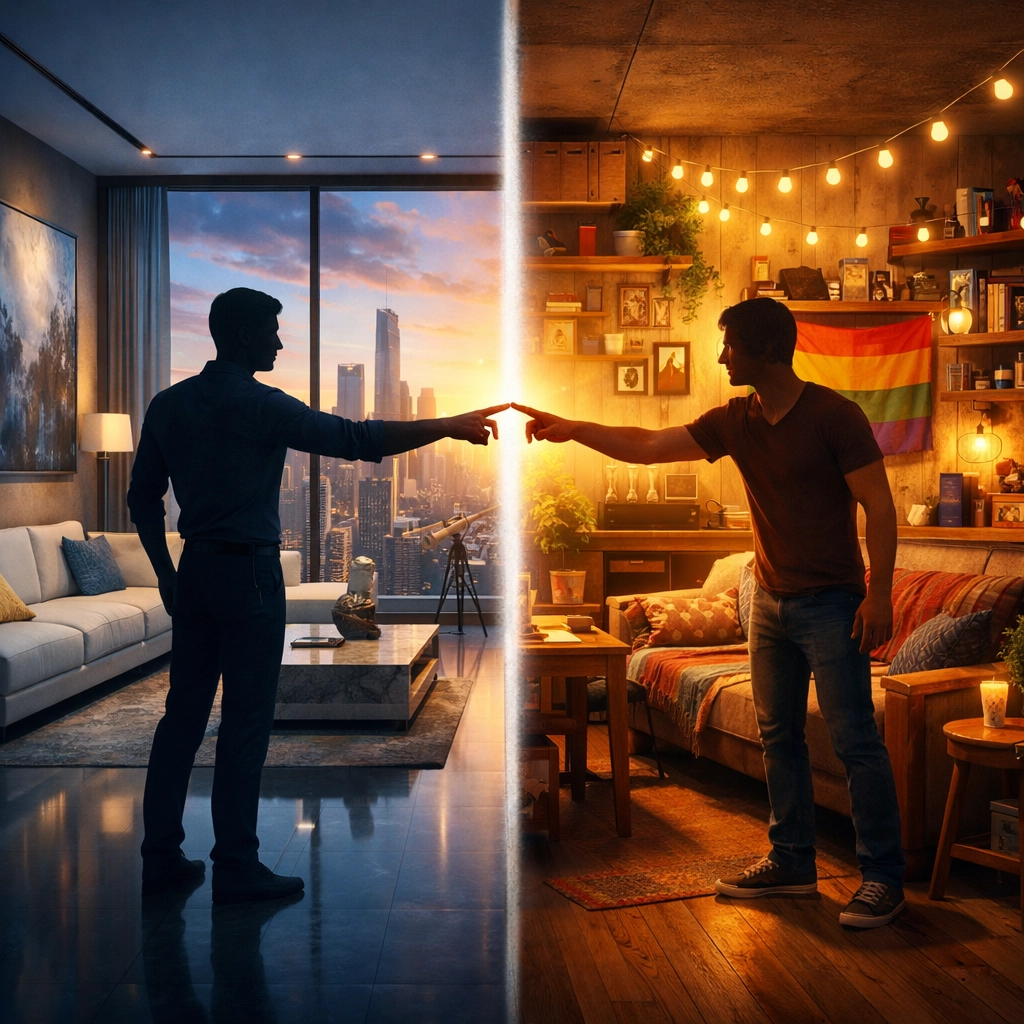 Gay couple reaching across wealth divide between penthouse and apartment - class disparity in MM romance