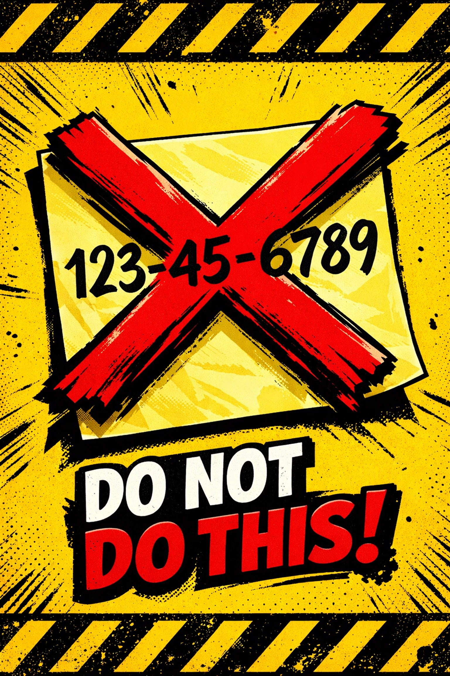 Warning sign showing improper use of Social Security numbers as passwords