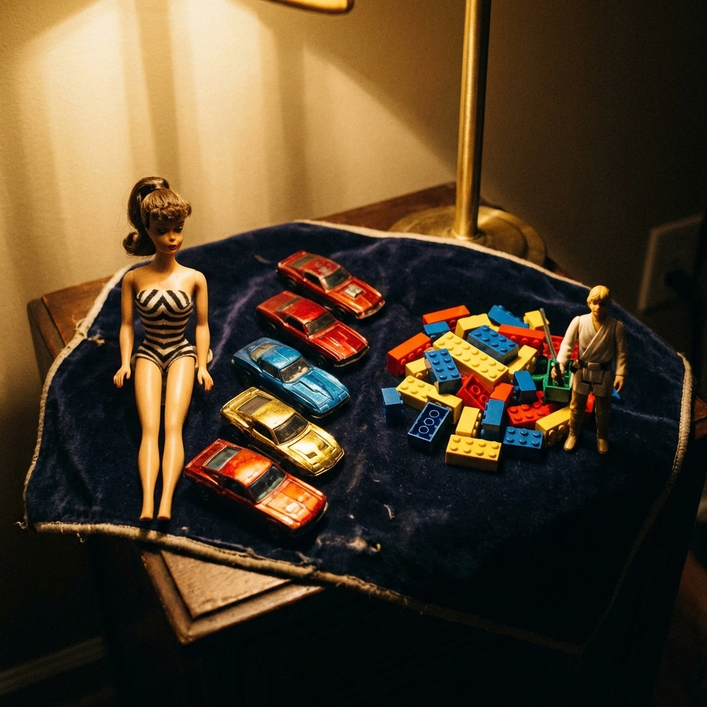 Vintage Barbie doll, Hot Wheels cars, LEGO bricks, and Star Wars action figure highlight valuable old toys