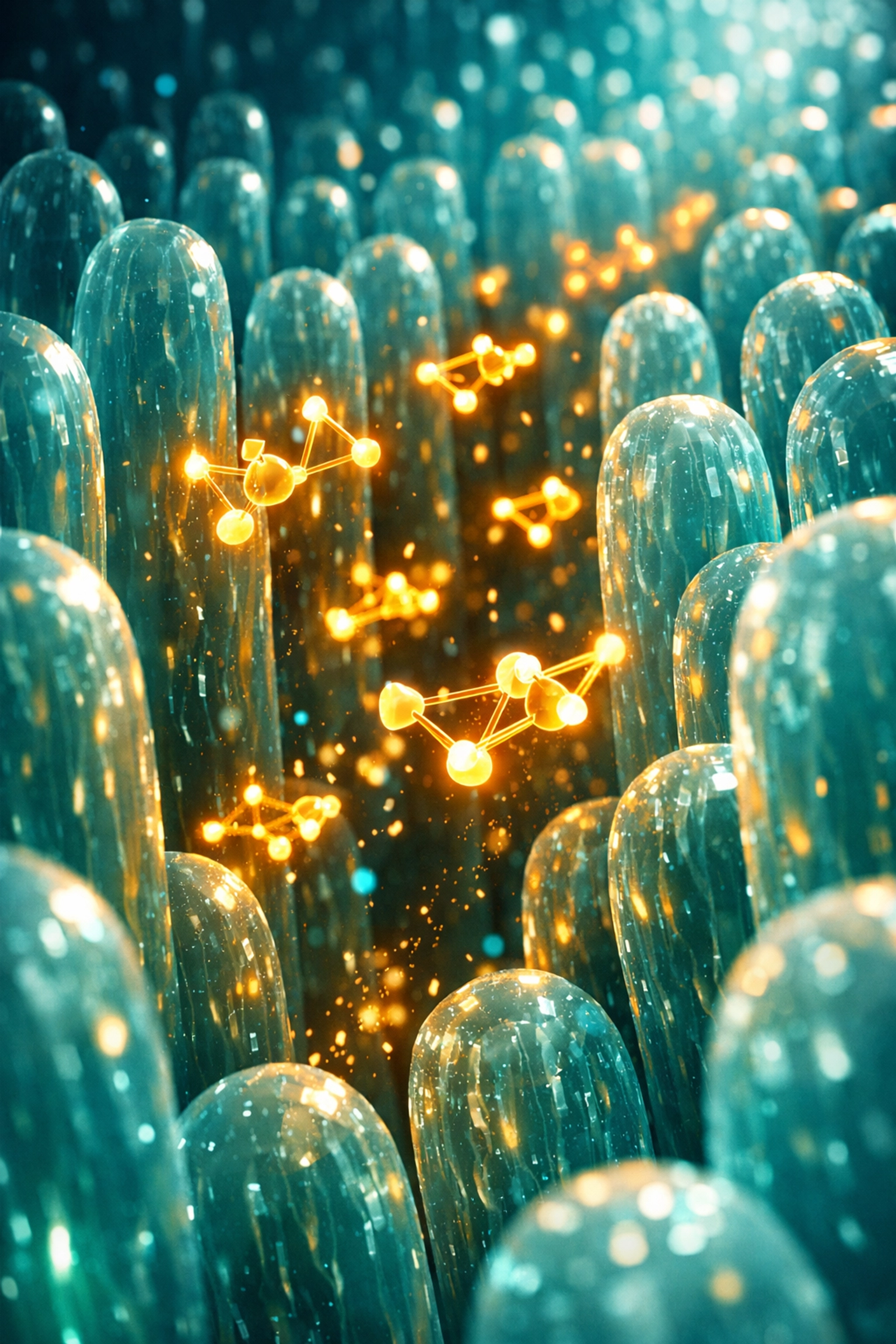 Scientific visualization of postbiotic molecules promoting cellular repair within the human gut barrier.