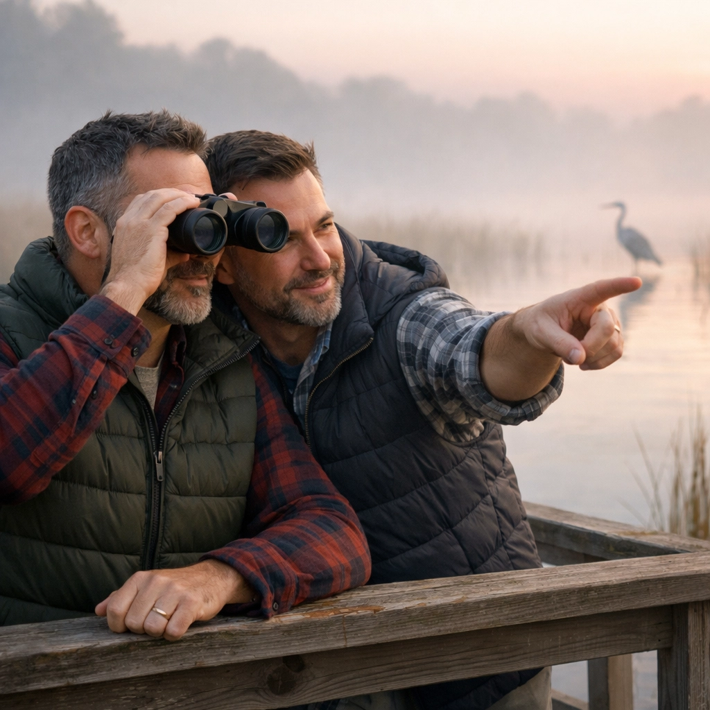 A gay couple enjoying a peaceful birdwatching session on a misty boardwalk at dawn during a queer nature trip.