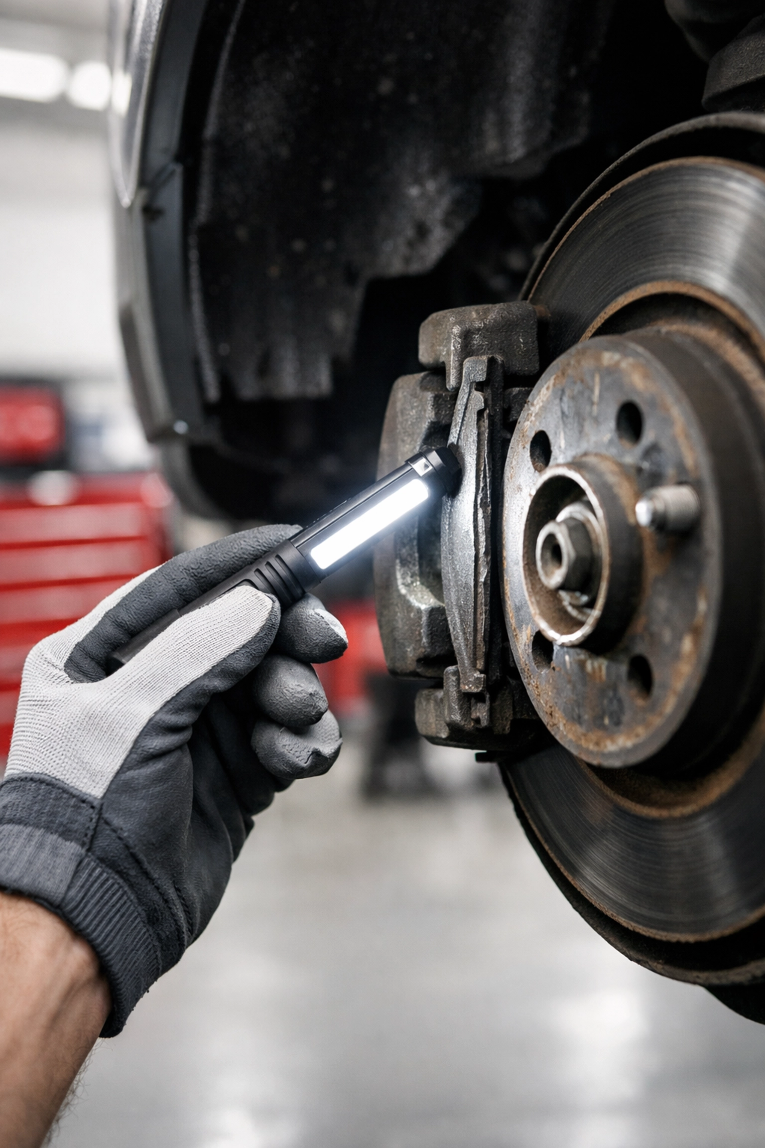 A professional mechanic inspecting a thin, worn brake pad with an LED light during a digital brake inspection.