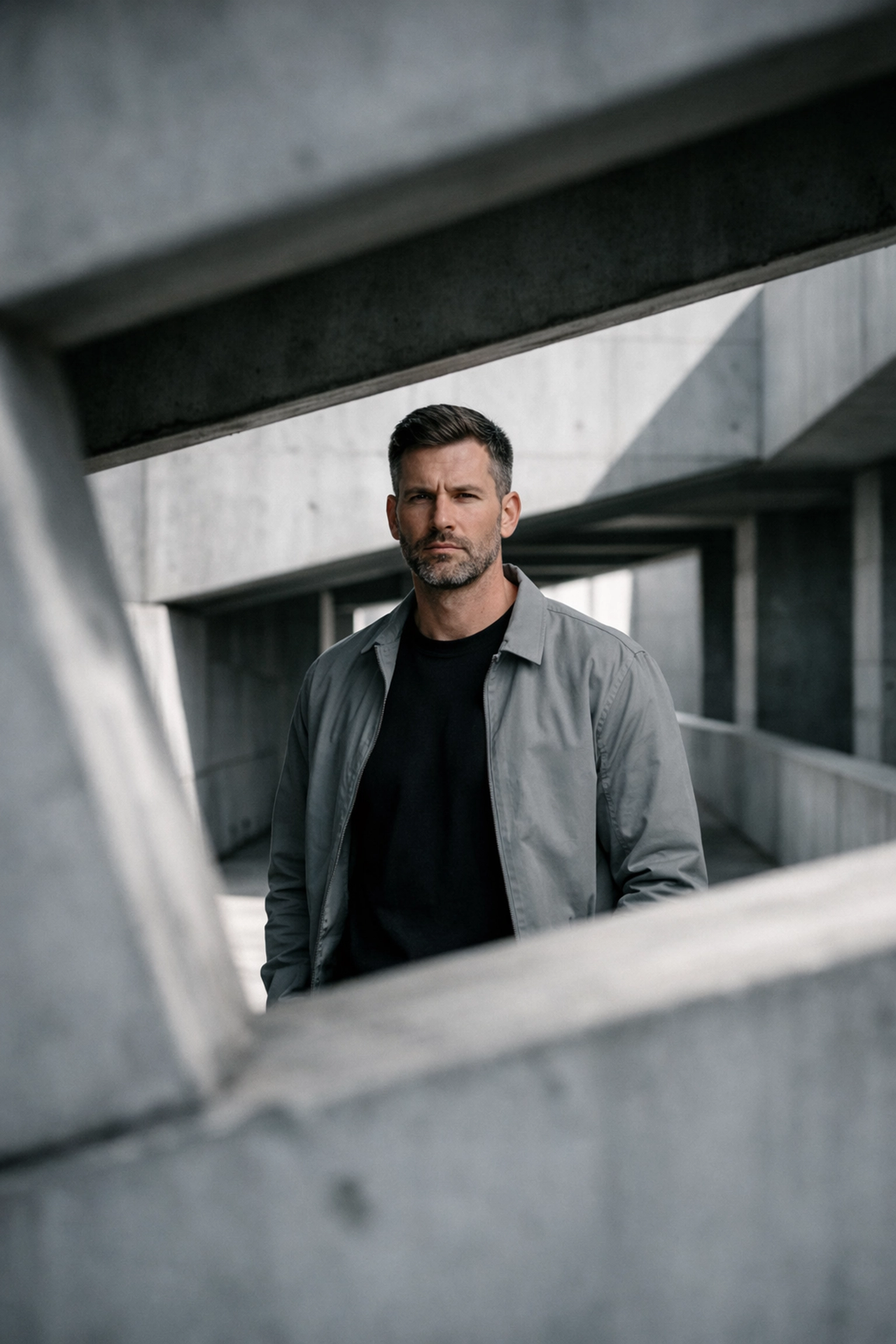 Environmental portrait using architectural framing and creative portrait photography techniques.