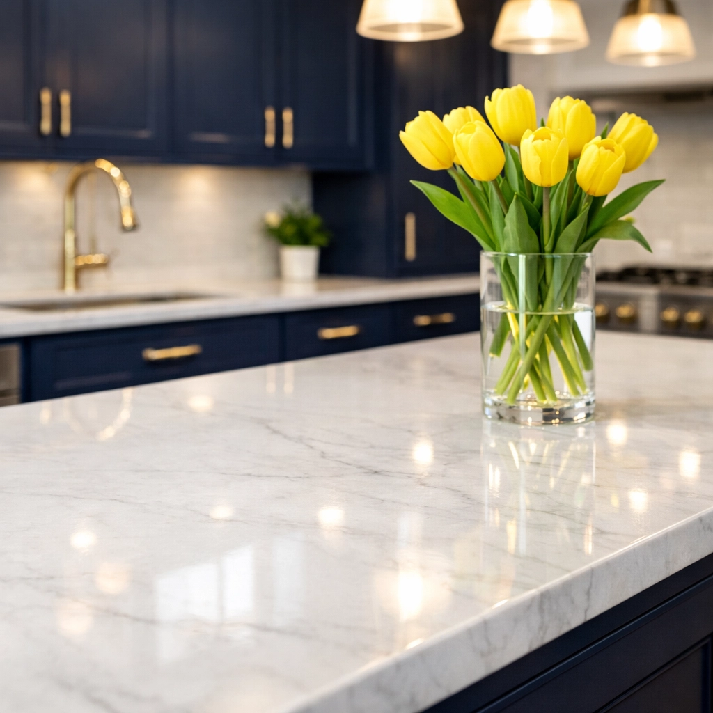 Sanitized marble kitchen island and touchpoints maintained by a professional House Cleaning Service in Marblehead.