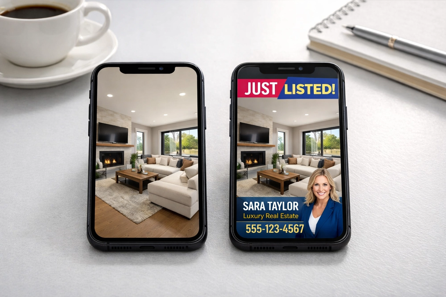 Side-by-side comparison of branded and unbranded real estate video on smartphones showing listing differences