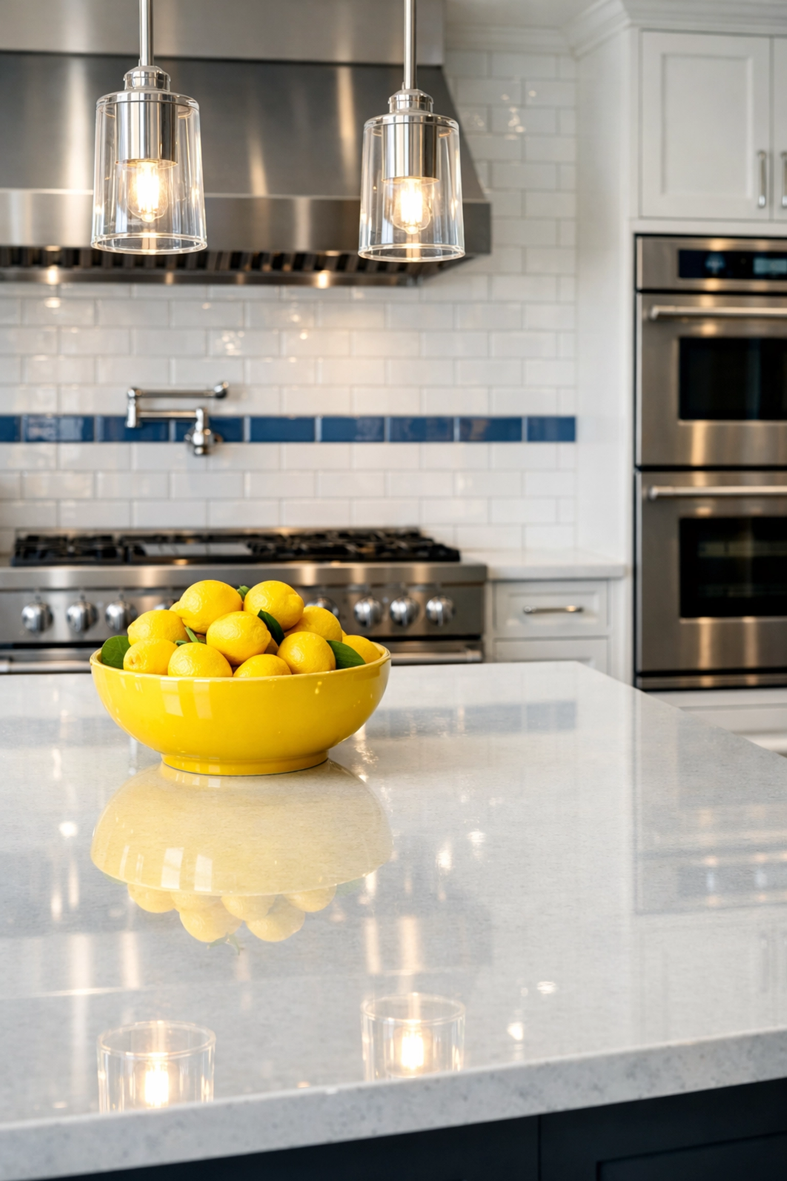 Shining quartz countertops and spotless appliances in a Marlborough kitchen after weekly house cleaning.