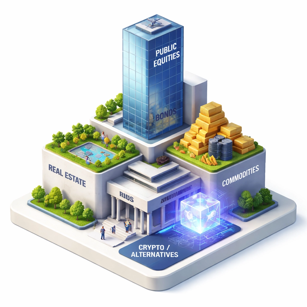 An architectural portfolio model with sections for equities, bonds, real estate, commodities, and crypto assets.
