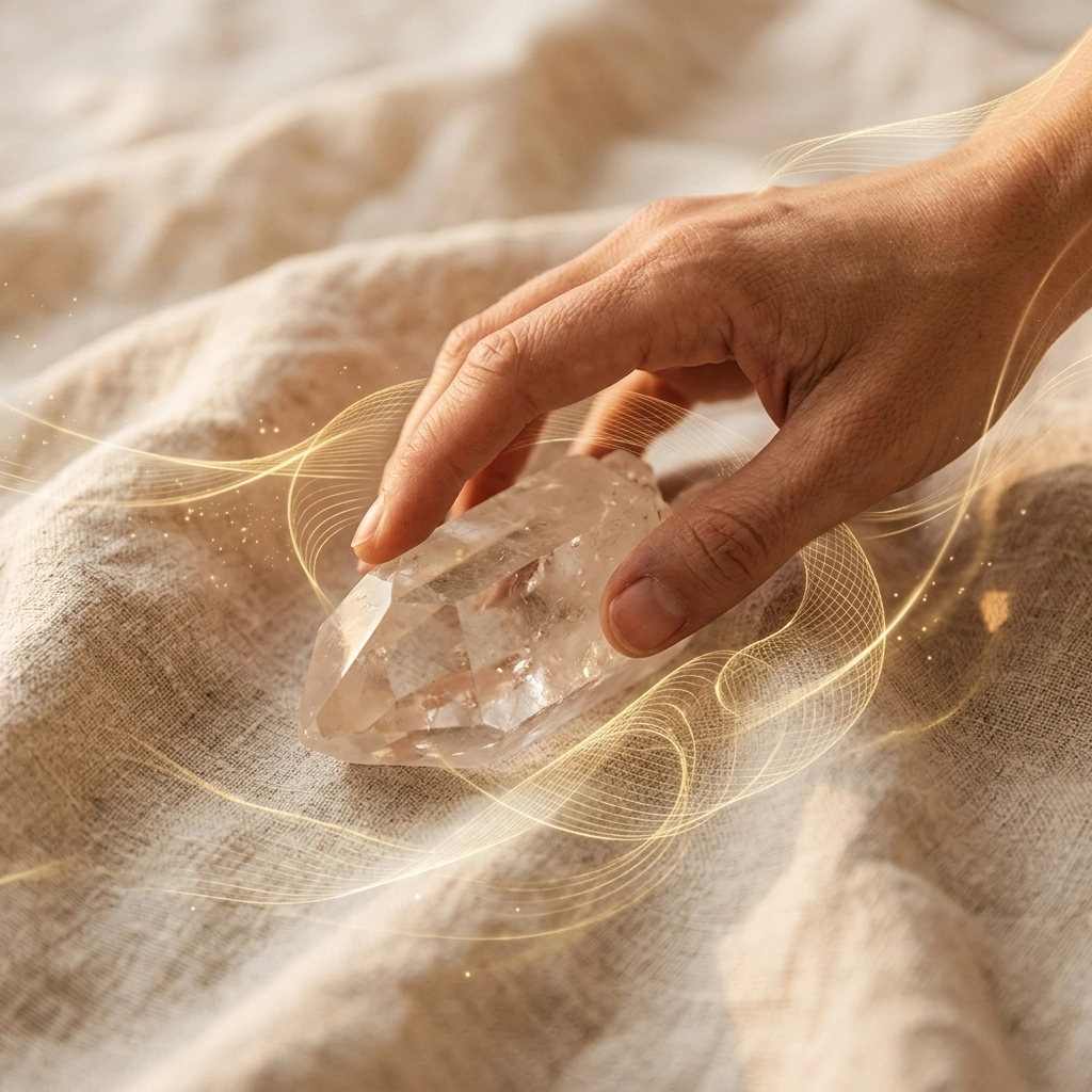 A close-up of a hand touching a stone with swirling gold energy lines.