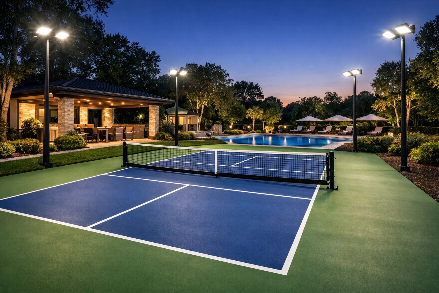 Professional Houston pickleball court installation with LED lighting in a luxury backyard resort setting.