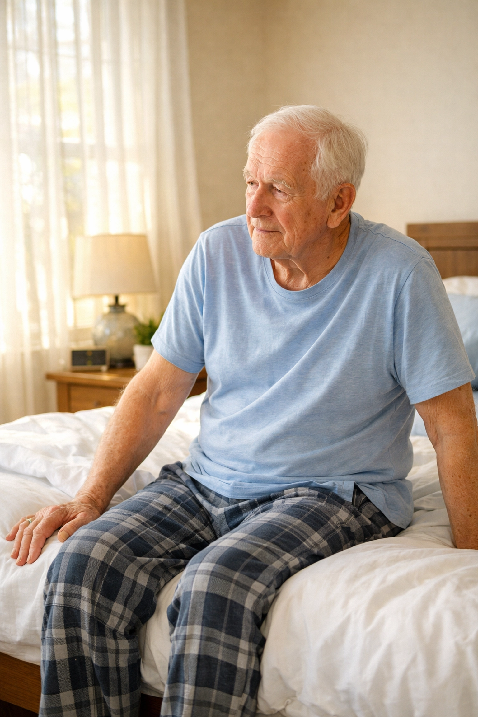Older adult sitting on bed edge practicing safe standing technique to avoid falls