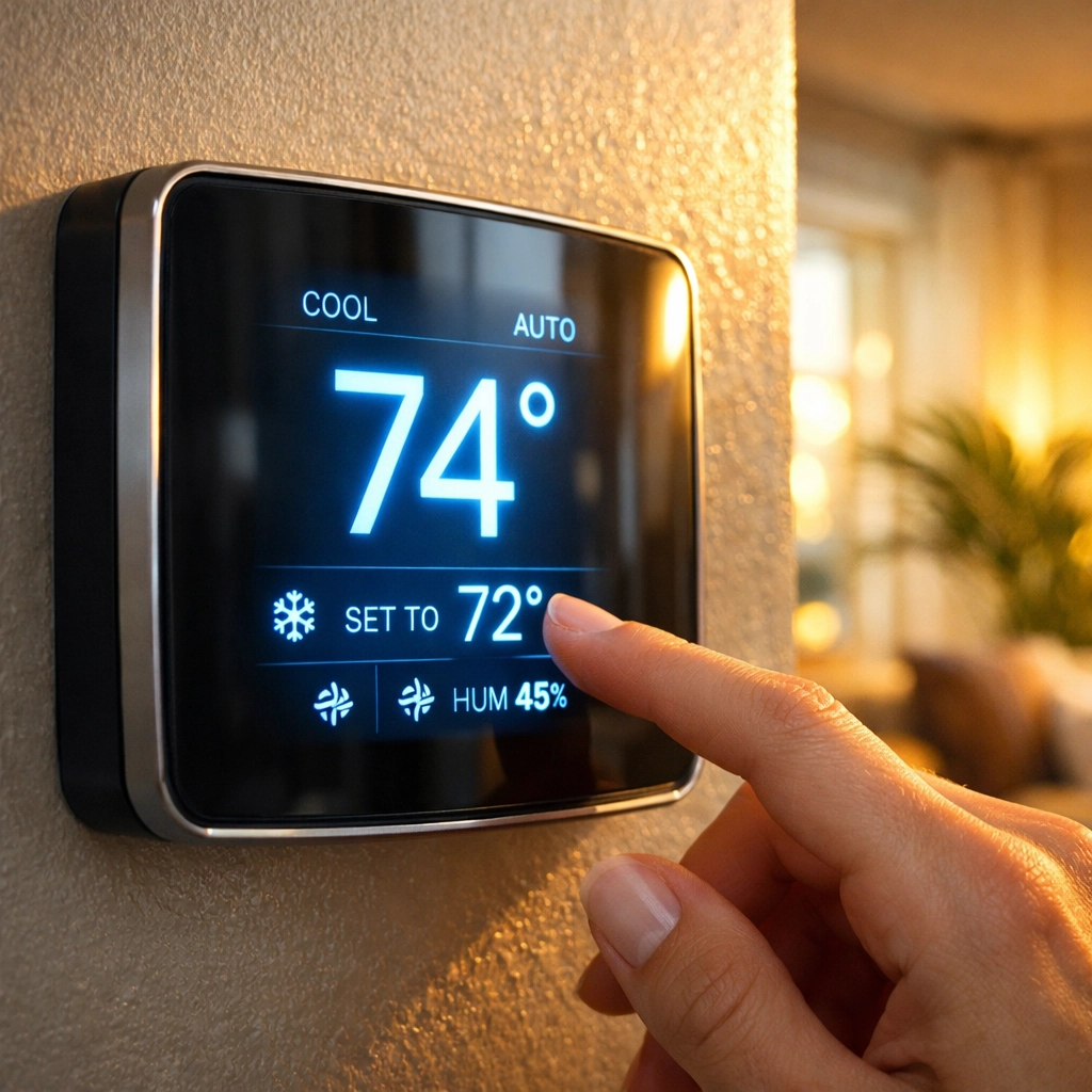 Homeowner adjusting a digital thermostat to fix an AC not cooling issue.