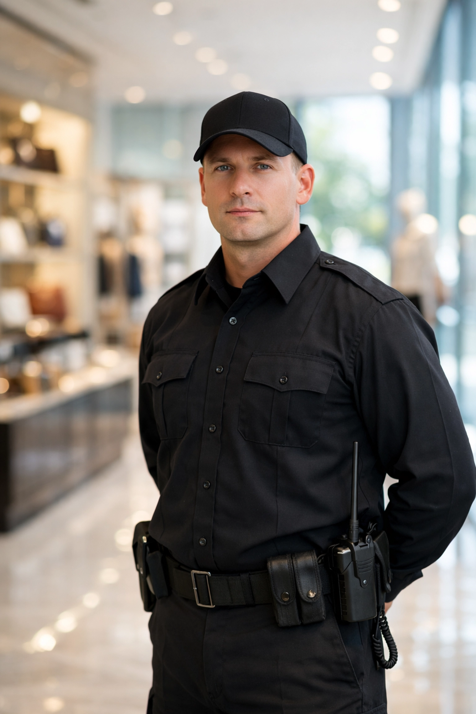 SIA licensed retail security guard in uniform providing manned guarding in a London store.