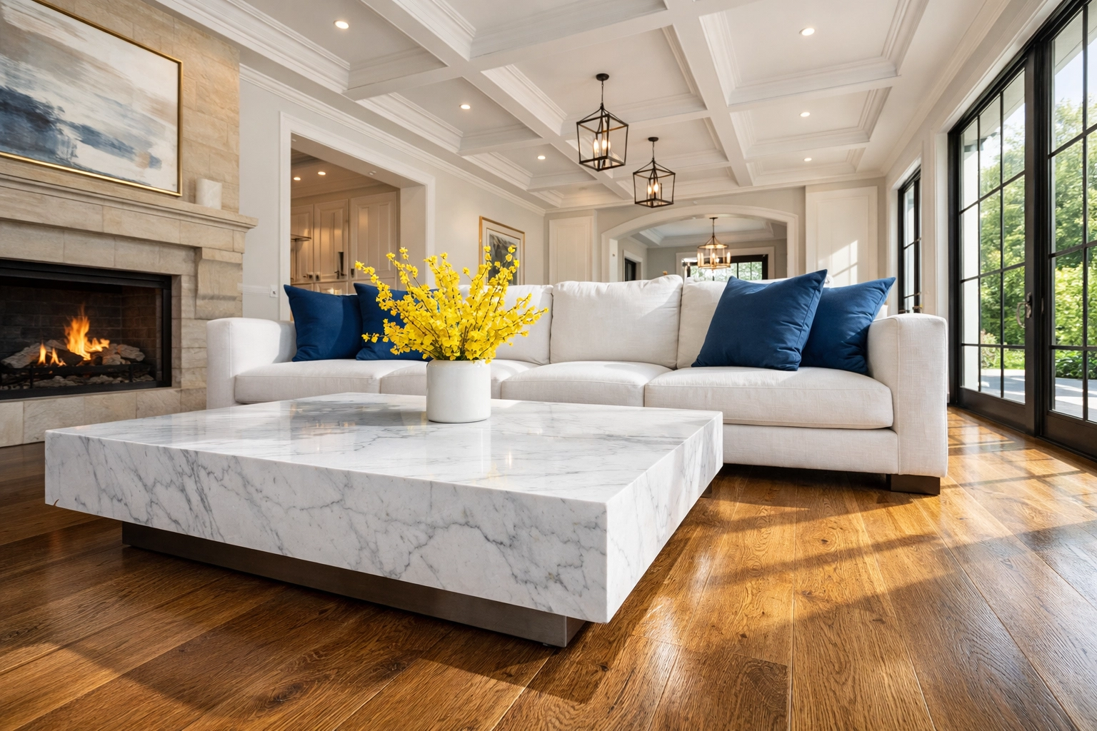 Sun-drenched luxury living room in a Concord estate following a professional eco-friendly cleaning.