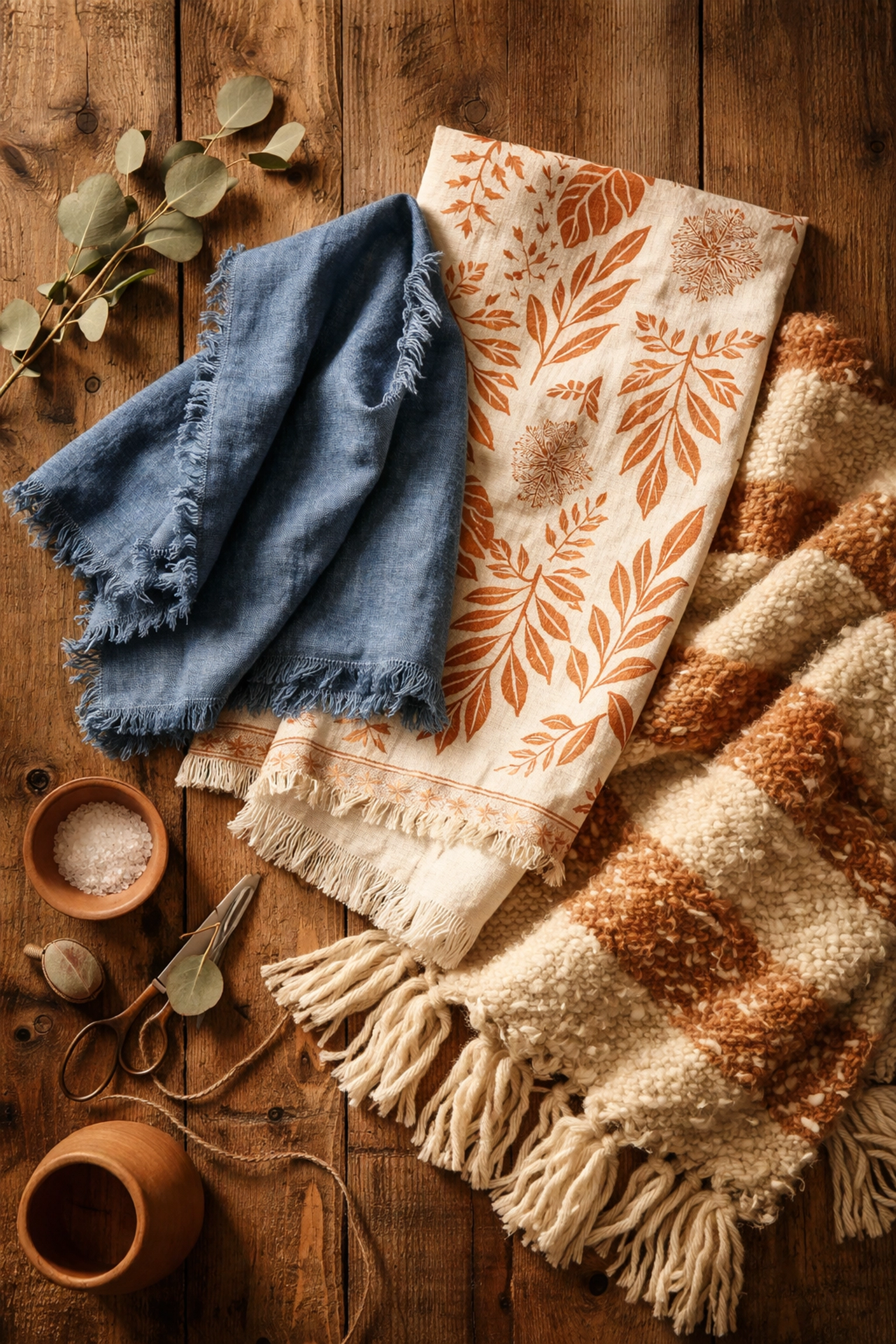 Artisan textiles displayed on a weathered farmhouse table, featuring hand-dyed linens, block-printed fabric, and handwoven blankets for a soulful home.