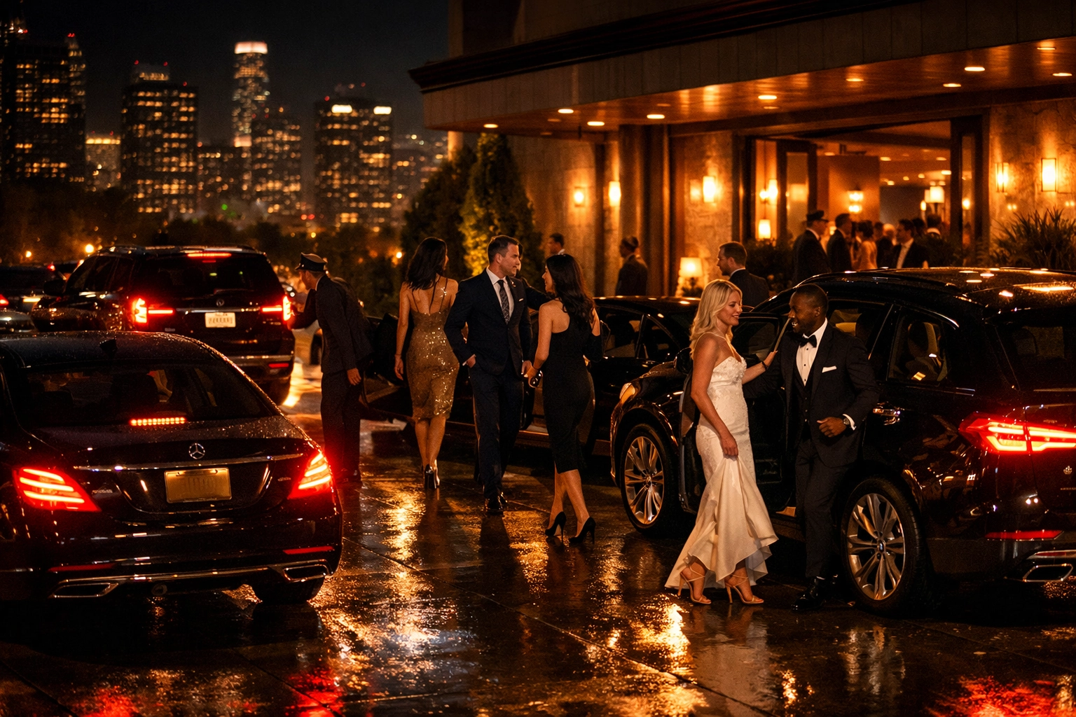 Multiple luxury vehicles coordinating guest arrivals at illuminated venue entrance