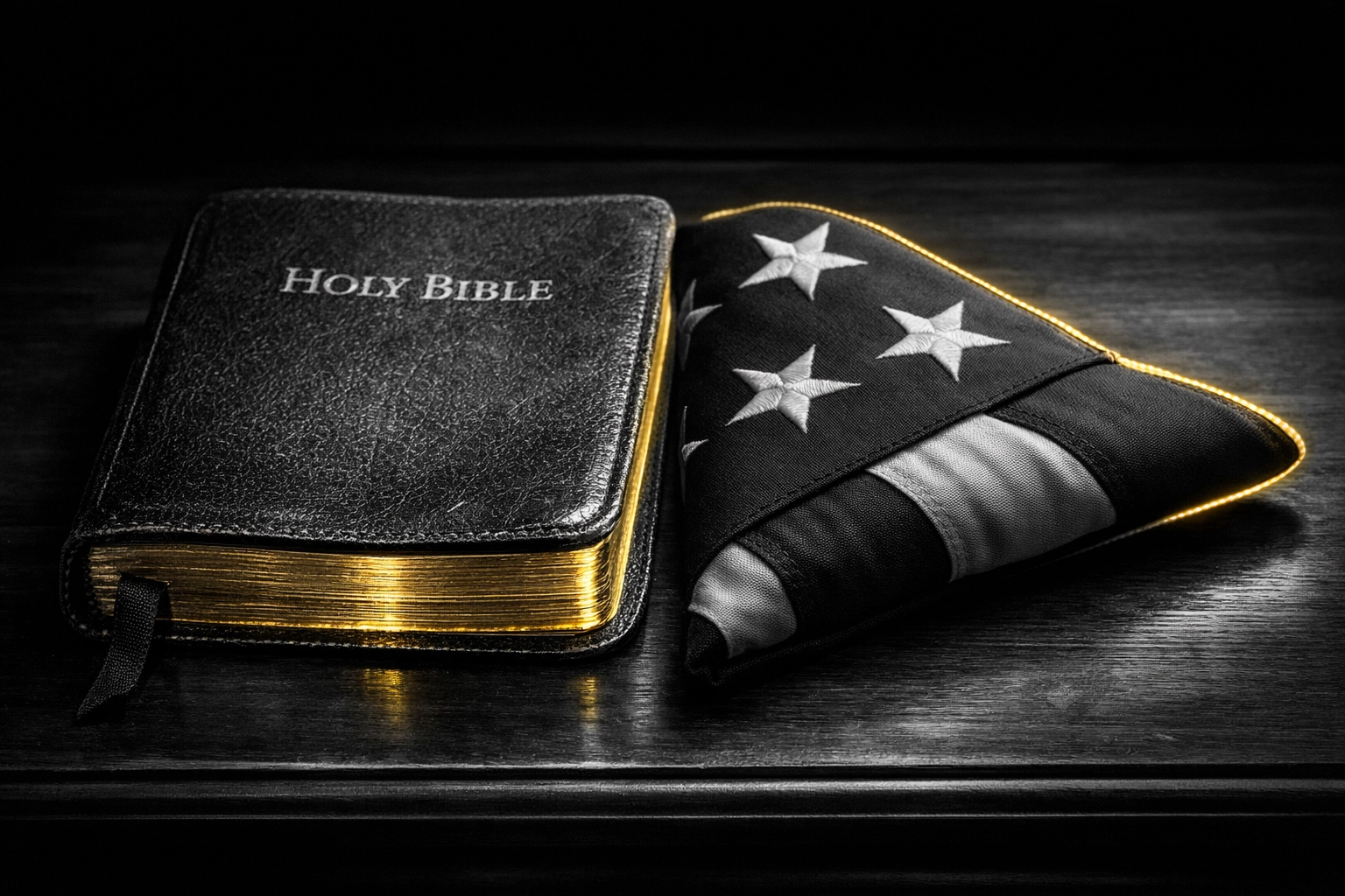 A Bible and folded American flag on a desk, representing the intersection of faith and military service for veterans.
