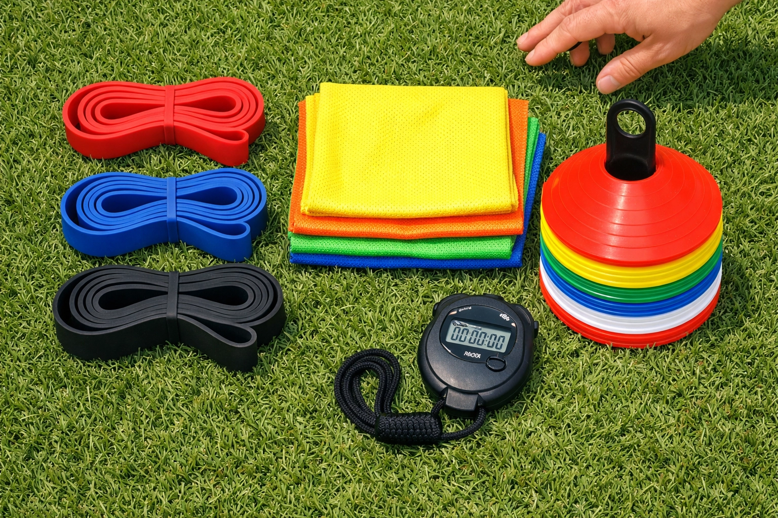 Budget-friendly coaching equipment: resistance bands, training bibs, and marker discs on grass