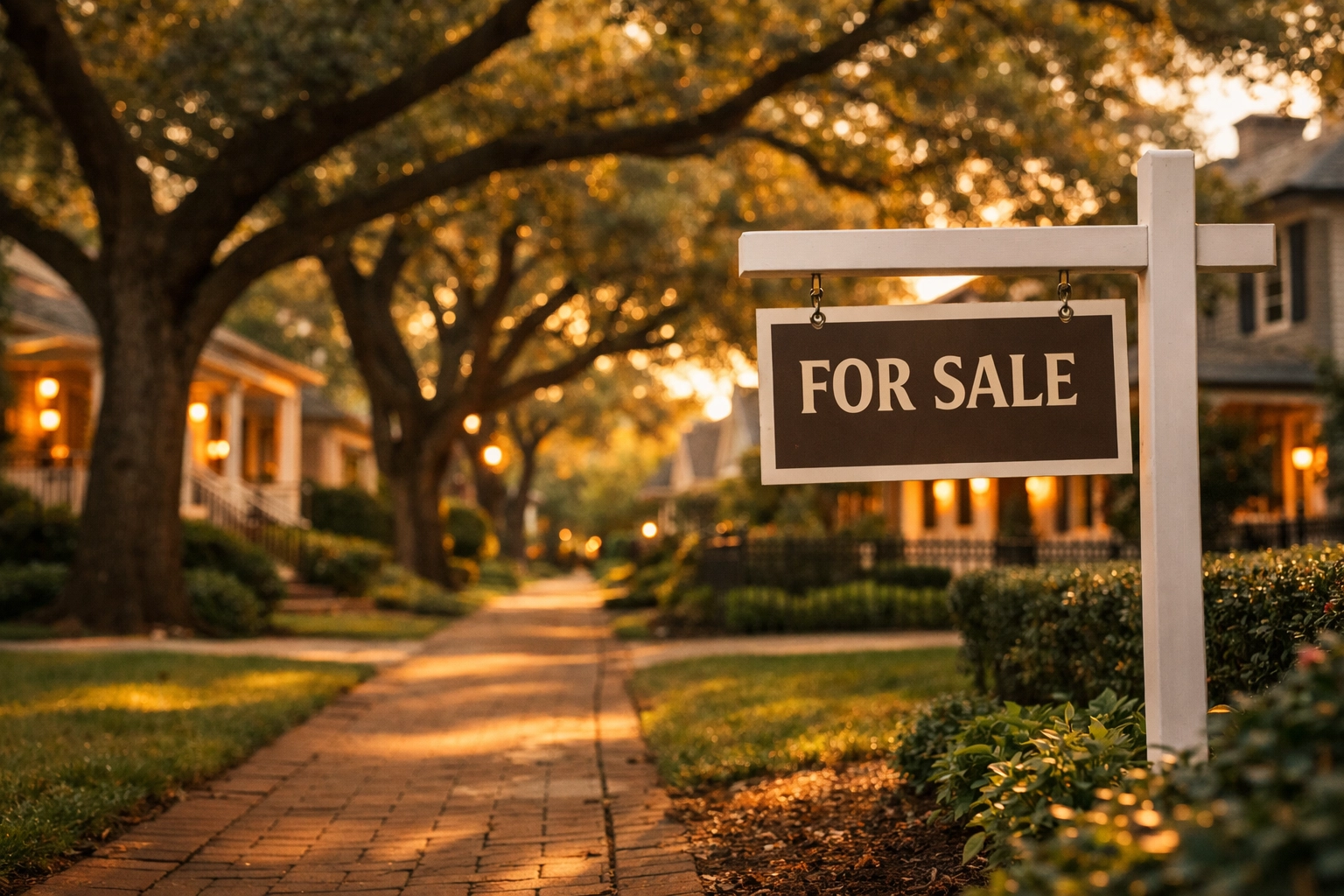 Upscale residential neighborhood street with For Sale sign and tree-lined homes