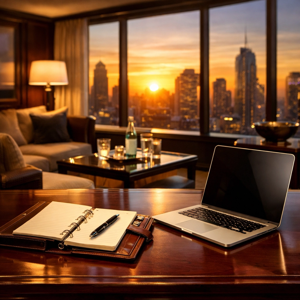Luxury hotel suite transformed into an executive workspace for Super Bowl business operations.