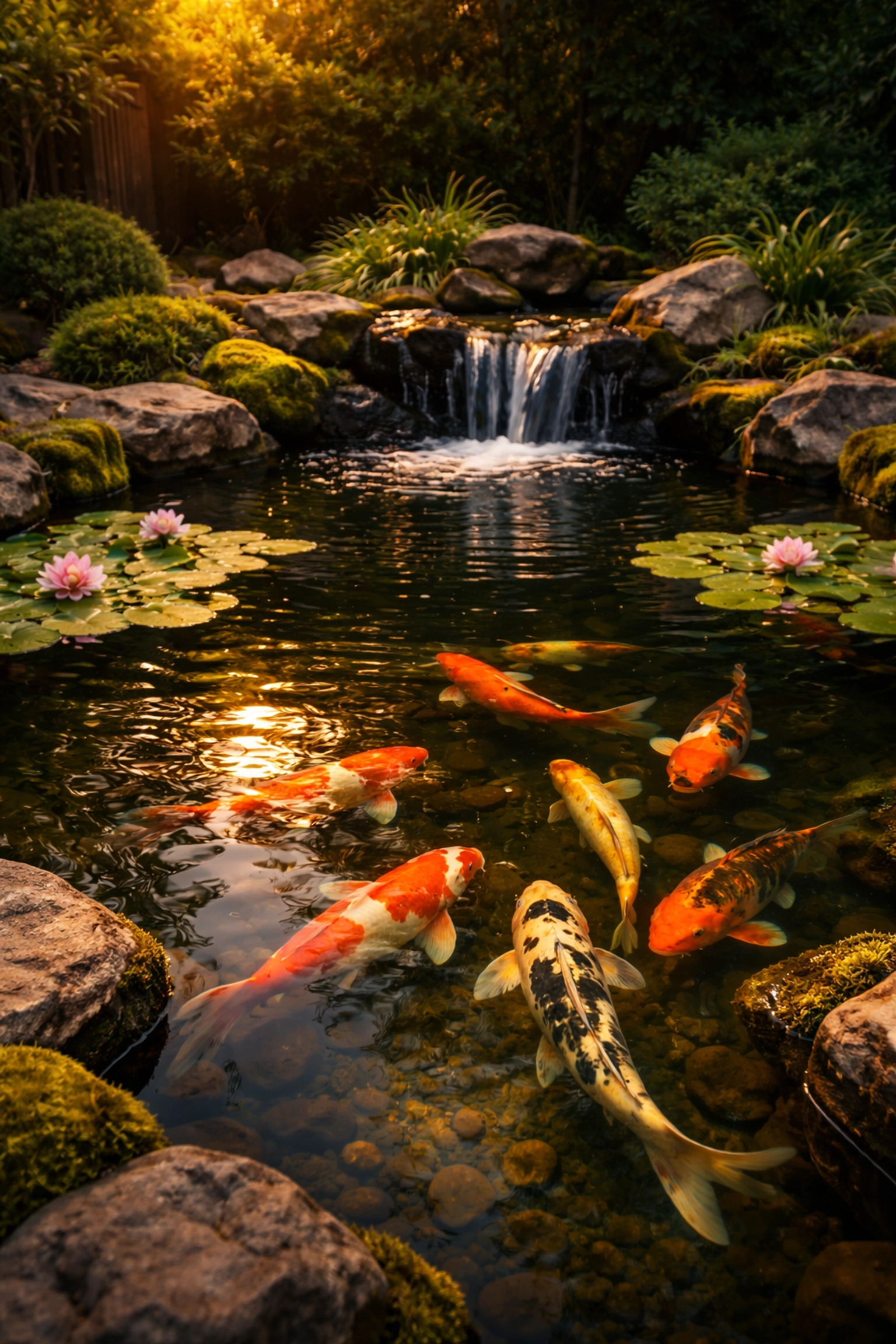 Healthy koi pond at sunset with clear water and colorful fish, example of successful pond maintenance service.
