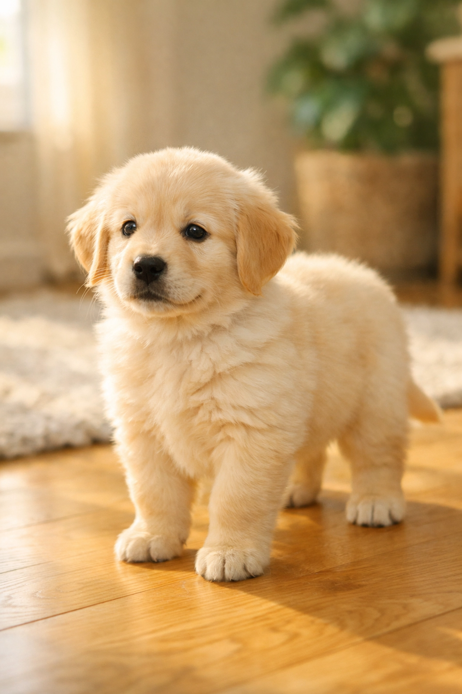 Healthy Golden Retriever puppy standing in a sun-drenched home, illustrating proper large breed growth.