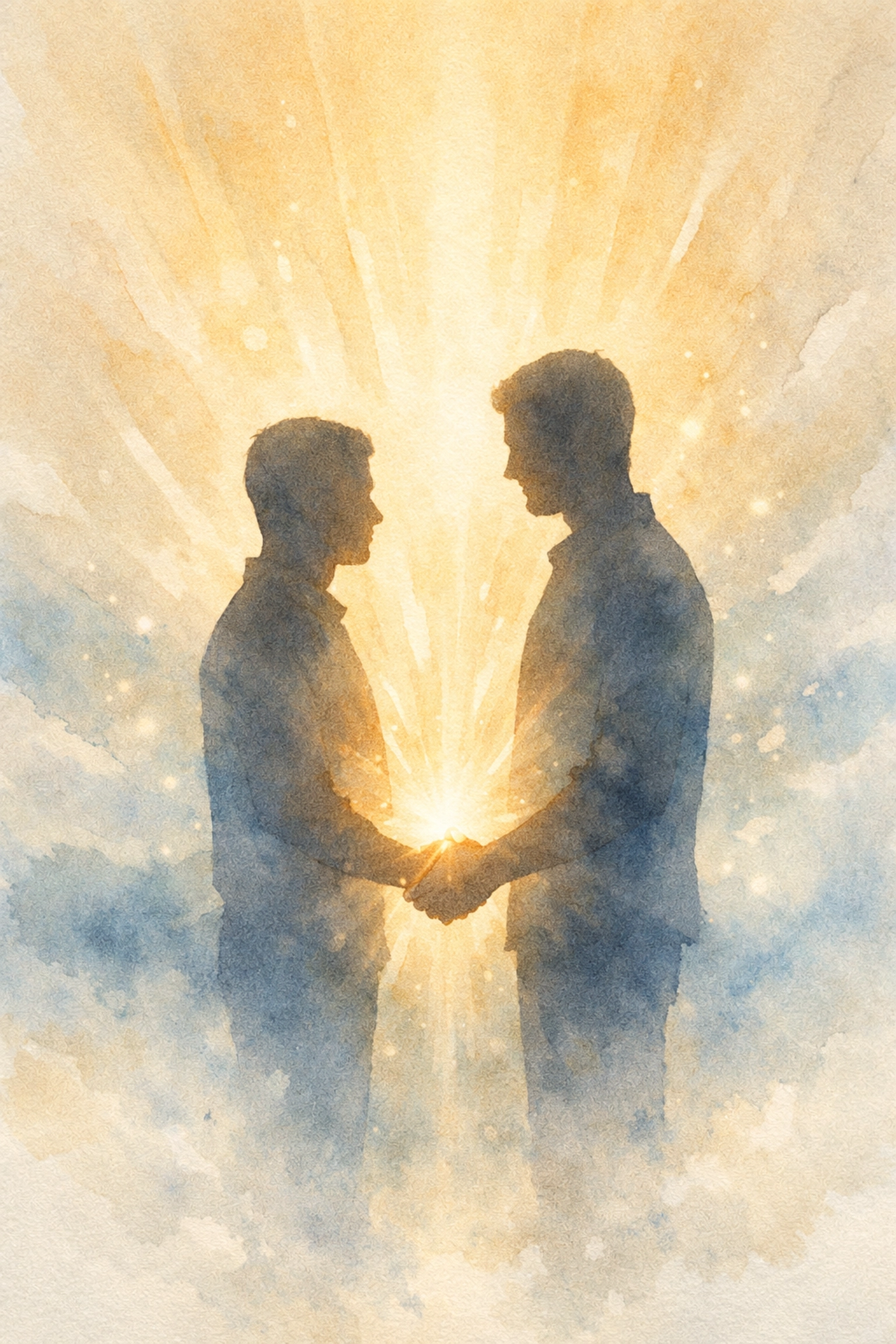 Two men holding hands surrounded by spiritual light representing LGBTQ+ faith and acceptance