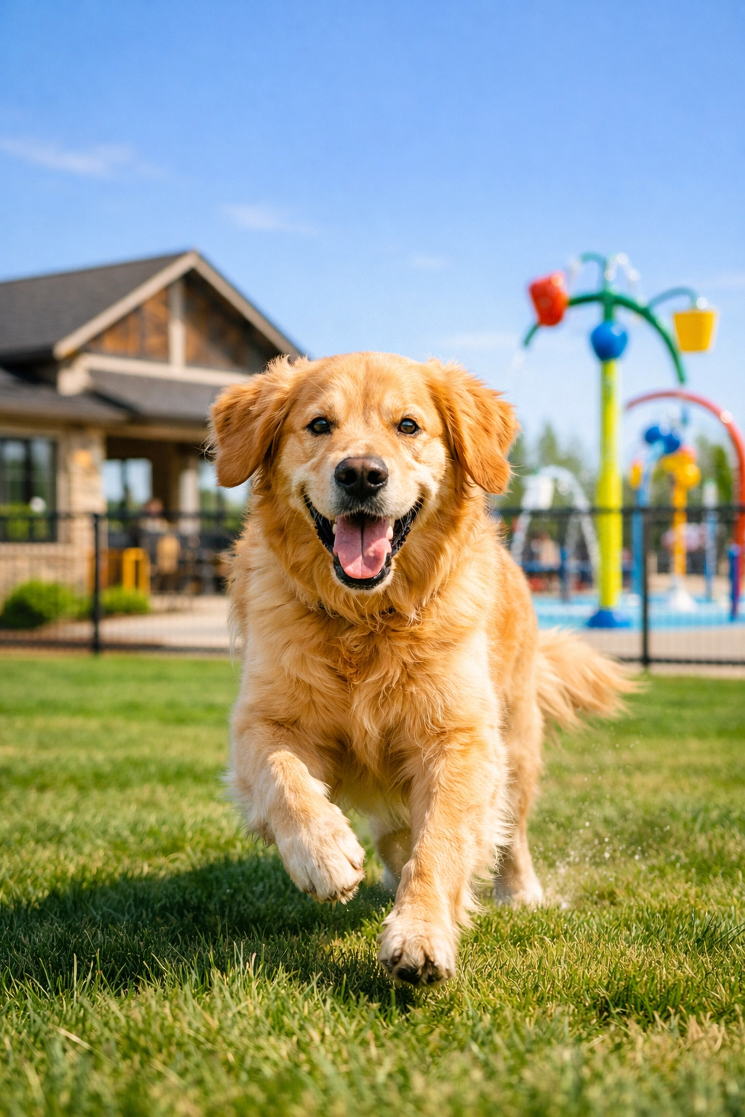 Happy dog playing in the Post Oak community dog park near the neighborhood splash pad.