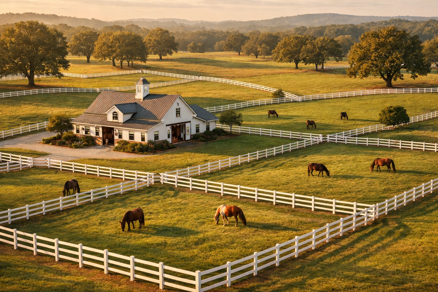 Aerial view of horse farm with white fencing and barn in Charlotte NC equestrian country