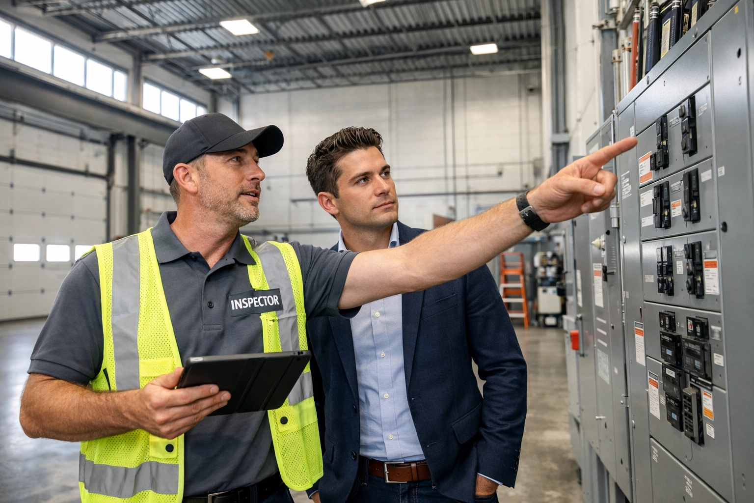 Edmonton commercial property inspector reviewing electrical systems in a local warehouse space.