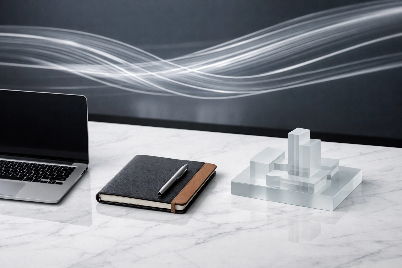 Minimalist workspace with data stream visuals for executing an AI-ready data foundation.